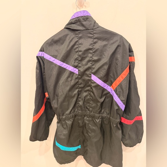 Vintage 80s Colorblock Windbreaker Jacket Black Neon Hooded Zip Up Womens M - Picture 3 of 5